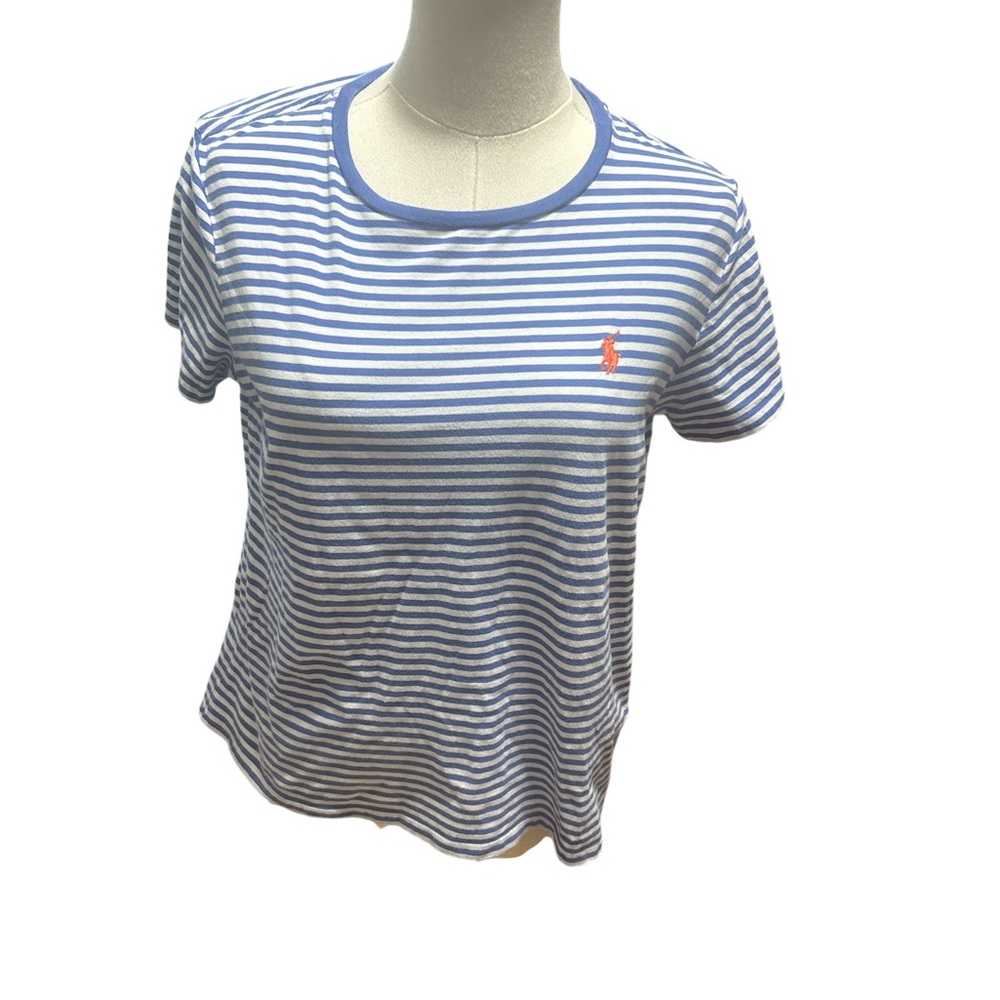 Ralph Lauren Blue White Striped Cotton Tee Shirt Women’s Large Short Sleeve Pony - Picture 2 of 7